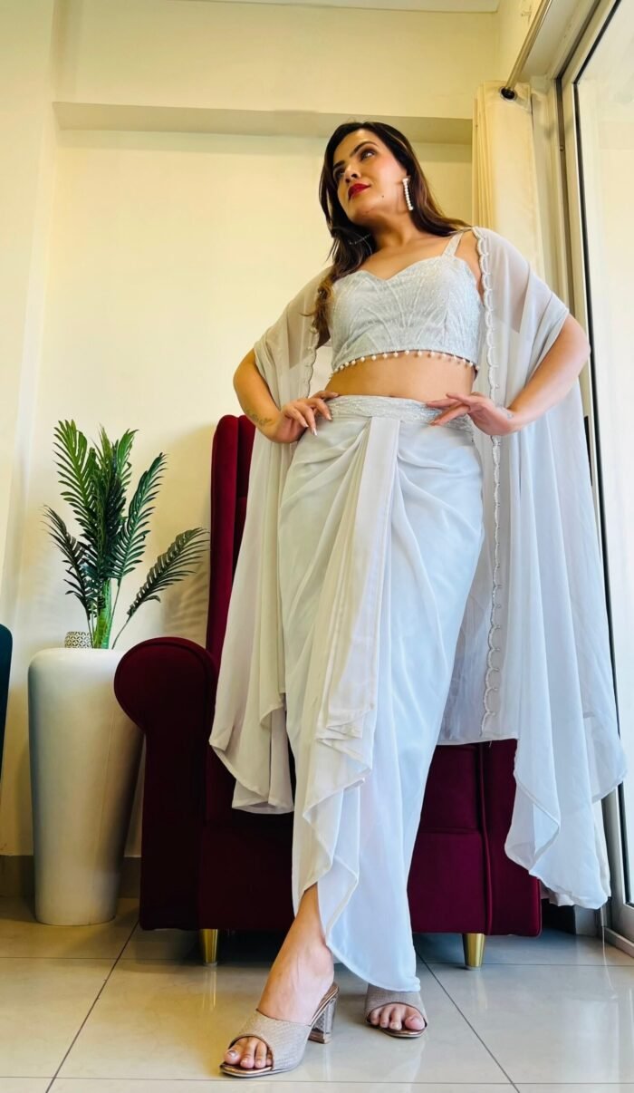 Designer Grey 3pc Dhoti Dress with crop top ,skirt & jacket - Image 2