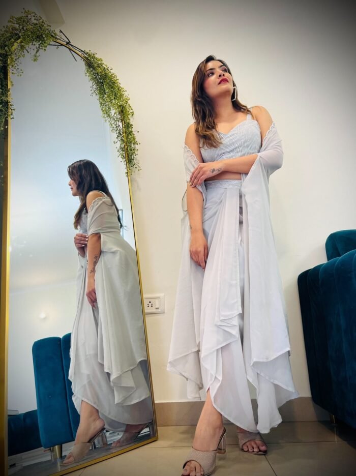 Designer Grey 3pc Dhoti Dress with crop top ,skirt & jacket - Image 4