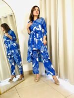 Blue two piece printed co-ord set in muslin