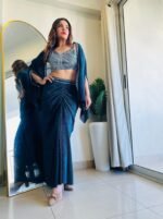 Designer 3pc party wear Lycra outfit with jacket in teal blue colour - Image 3