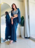 Designer 3pc party wear Lycra outfit with jacket in teal blue colour - Image 2