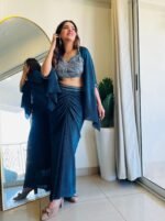 Designer 3pc party wear Lycra outfit with jacket in teal blue colour