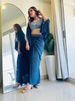 Designer 3pc party wear Lycra outfit with jacket in teal blue colour - Image 4