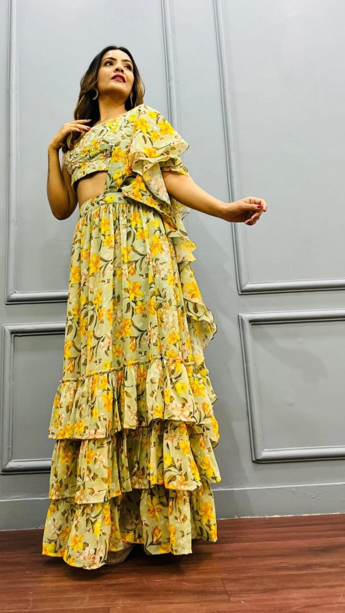 Ready to wear designer saree lehenga perfect for haldi & mehendi for girls & women - Image 1