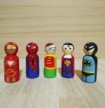 CHANNAPATNA TOYS Peg Dolls Wooden Painted Superheroes Set Pretend Play Figurines - Organic Handmade Play Kit for Kids & Toddlers (2 Years+) - Pack of 5 pcs - Open Ended Toys