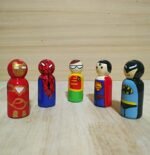 CHANNAPATNA TOYS Peg Dolls Wooden Painted Superheroes Set Pretend Play Figurines - Organic Handmade Play Kit for Kids & Toddlers (2 Years+) - Pack of 5 pcs - Open Ended Toys
