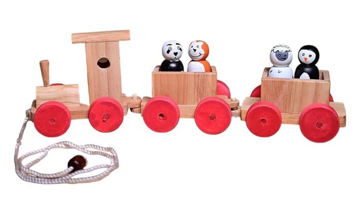 Channapatna Toys Pull Along Toy Wooden Train with 4 Animals Peg Dolls for 12 Months & Above Kids, Toddlers, Infant & Preschool Toys - Multicolor - Wooden Toys Train Indian...
