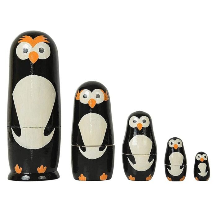 CHANNAPATNA TOYS Wooden Russian Nesting Dolls Penguin Set for Kids (2 Years+) - 6 Inch Multicolor - Set of 5 pcs - Improves Hand Eye Coordination and Fine Motor Skills