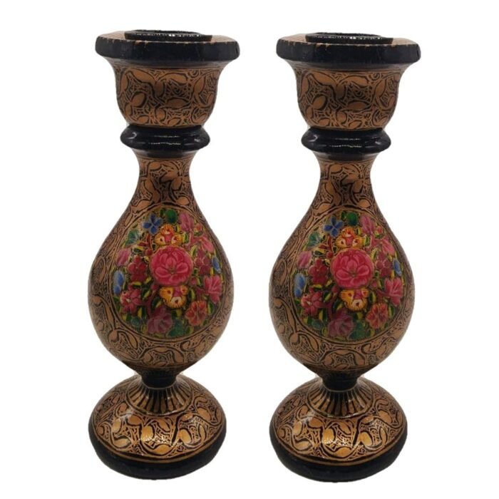 India Meets India Handmade Papier Mache Candlesticks Holder Set of 2/ Candle Holder/Best for Gifting/Made by Awarded Indian Artisans (Gold & Black)