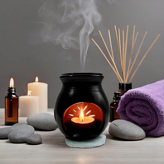 Vastuja Handmade Black Pottery Clay I Candle/ Diya Operated Aroma/ Camphor Burner|Oil Diffuser |ODOP Product I GI Certified I Big Size- 14*9*6 cm Ideal for Decoration, Spa &...