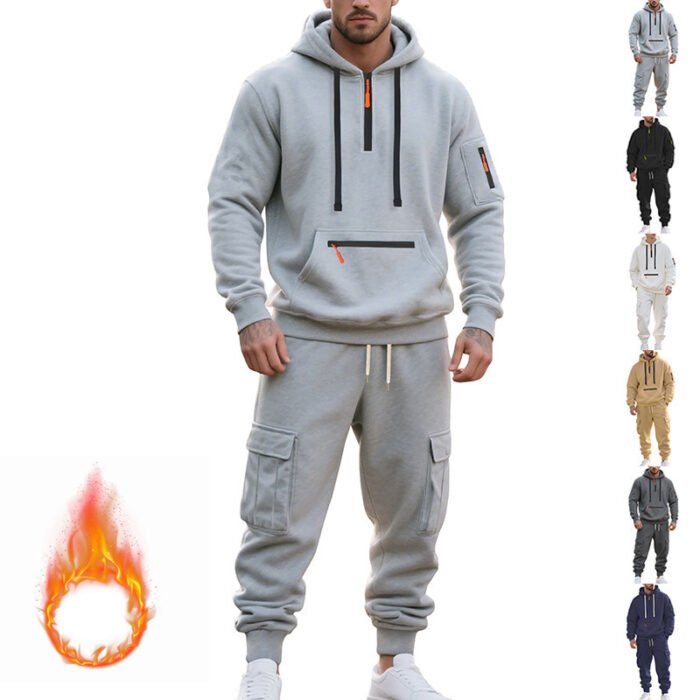 Men's Loose Sports And Leisure Suit Sweater Fleece-lined Hoodie Set Zipper Multi-Pocket Pullover Men's Sports Casual Top Two-piece Set - Image 1