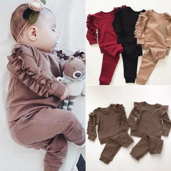 Newborn Baby Boys Girls Ruffles Jumper Solid Long Sleeve Sweatshirt Tops Pants Infant Kids 2Pcs Outfits Clothes Set Fall Clothes - Image 1