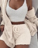 3pcs Womens Clothing Long Sleeve Crop Tank Top And Drawstring Shorts Pajama Set - Image 3