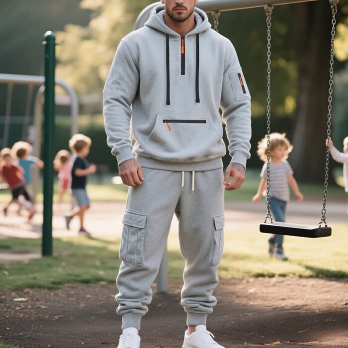 Men's Loose Sports And Leisure Suit Sweater Fleece-lined Hoodie Set Zipper Multi-Pocket Pullover Men's Sports Casual Top Two-piece Set - Image 4