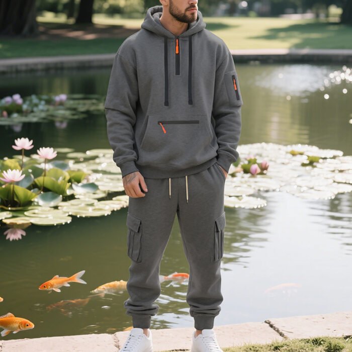 Men's Loose Sports And Leisure Suit Sweater Fleece-lined Hoodie Set Zipper Multi-Pocket Pullover Men's Sports Casual Top Two-piece Set - Image 8