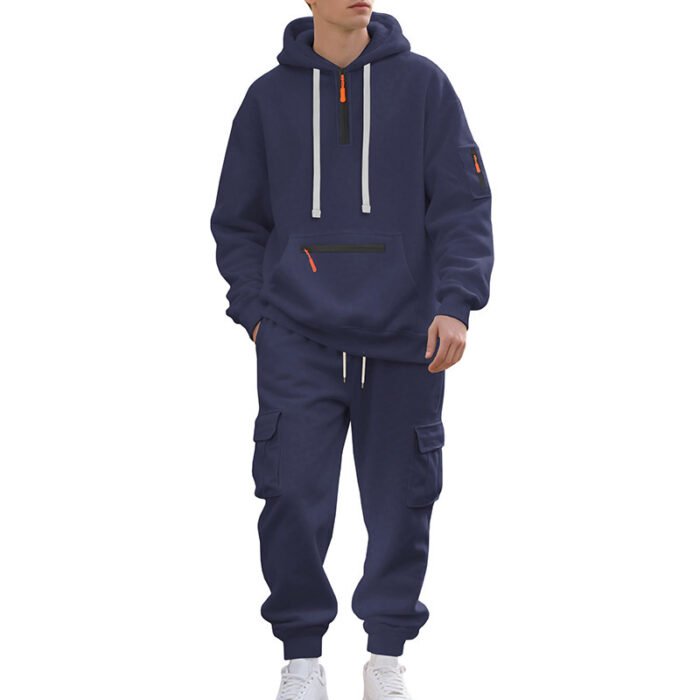Men's Loose Sports And Leisure Suit Sweater Fleece-lined Hoodie Set Zipper Multi-Pocket Pullover Men's Sports Casual Top Two-piece Set - Image 2
