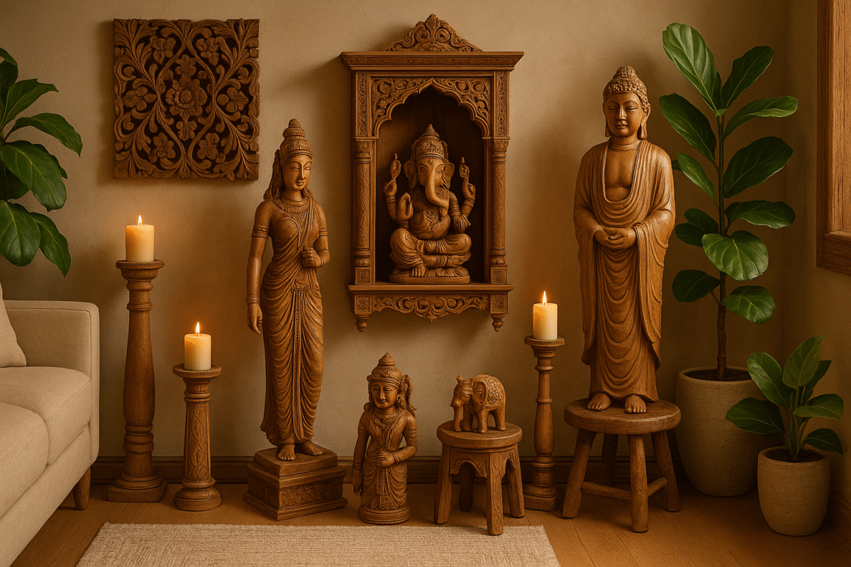 Beautiful Indian wooden handicrafts including carved decor, furniture, and figurines – perfect for ethnic-inspired home decoration