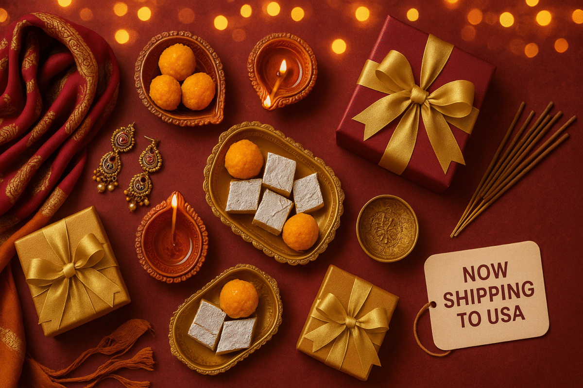 Traditional Indian Diwali gifts including sweets, diyas, scarves, and jewelry – now available for fast USA shipping