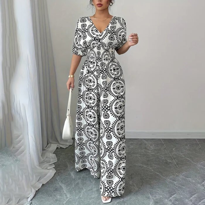 Womens Jumpsuits Short Sleeve V Neck Smocked Dressy Casual Wide Leg Pants Romper 2025 Summer One Piece Outfits - Image 5
