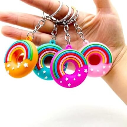 AK Store (Pack of 4) Rainbow & Stars Detail Donut Shape Keychain PVC Soft Doughnut Key Chains for Car, Scooty, Girls Boys Gifts, Birthday, Charm Sweet Keychain, Bag Pendant