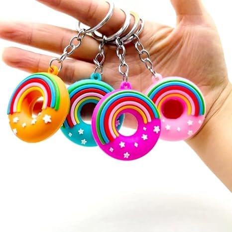 AK Store (Pack of 4) Rainbow & Stars Detail Donut Shape Keychain PVC Soft Doughnut Key Chains for Car, Scooty, Girls Boys Gifts, Birthday, Charm Sweet Keychain, Bag Pendant