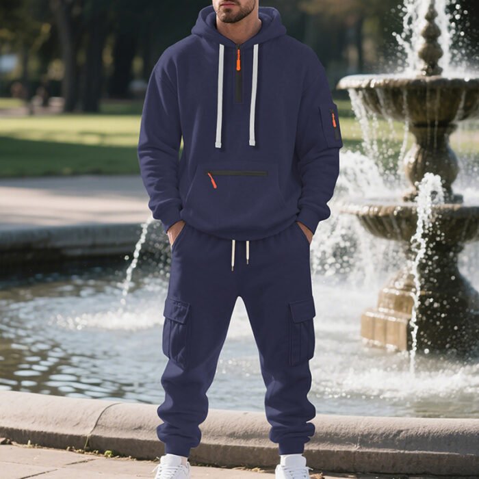 Men's Loose Sports And Leisure Suit Sweater Fleece-lined Hoodie Set Zipper Multi-Pocket Pullover Men's Sports Casual Top Two-piece Set - Image 9