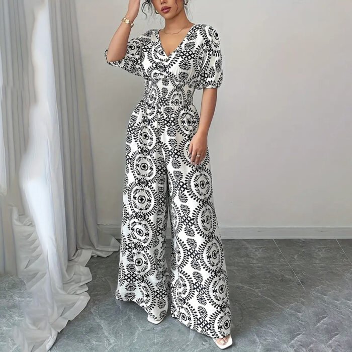 Womens Jumpsuits Short Sleeve V Neck Smocked Dressy Casual Wide Leg Pants Romper 2025 Summer One Piece Outfits - Image 2