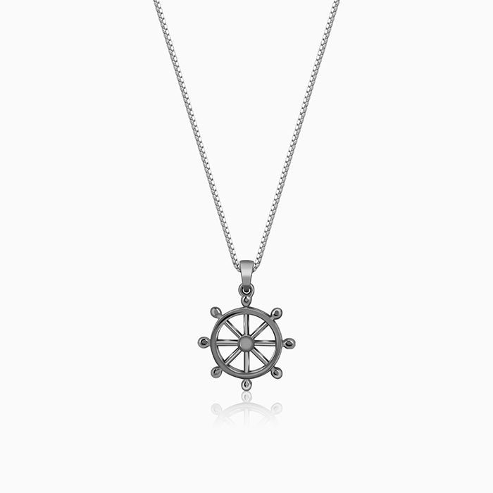 Black Rhodium Time Wheel Pendant With Box Chain For Him