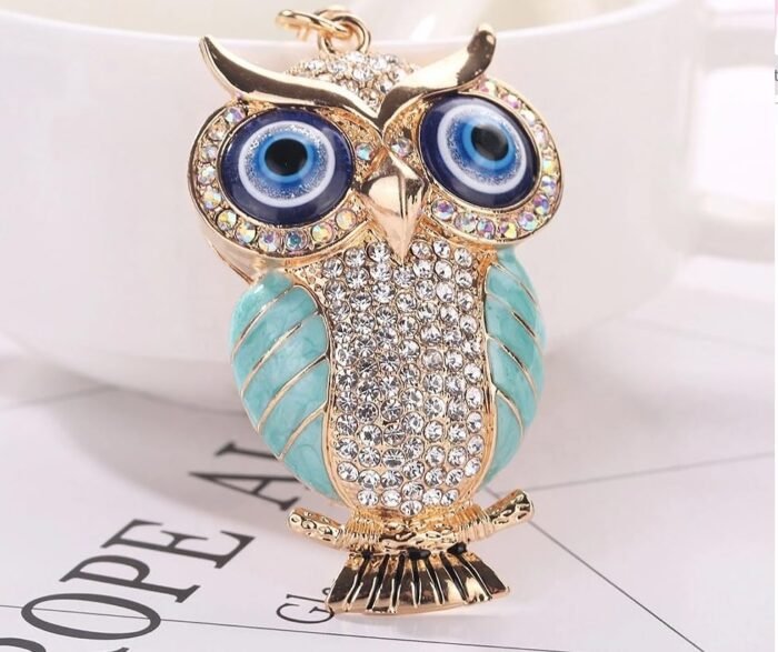 BLUE BEADS Gold with Evil Eye Crystal Rhinestone Sparkling Owl Keychain For Bike/Car Gifting Key Ring For Men Women and Handbag Charm