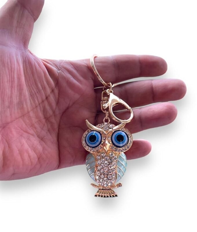 BLUE BEADS Gold with Evil Eye Crystal Rhinestone Sparkling Owl Keychain For Bike/Car Gifting Key Ring For Men Women and Handbag Charm