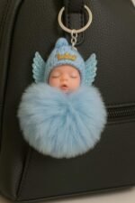 Cute Sleeping N Smiley Angel Baby Doll Keychains Fluffy Fur Pompom Keychain for Girls, Bag Handbags, Backpacks Pendants, Car Keyring Key Holder, Multi Colors