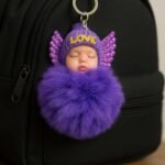 Cute Sleeping N Smiley Angel Baby Doll Keychains Fluffy Fur Pompom Keychain for Girls, Bag Handbags, Backpacks Pendants, Car Keyring Key Holder, Multi Colors