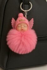 Cute Sleeping N Smiley Angel Baby Doll Keychains Fluffy Fur Pompom Keychain for Girls, Bag Handbags, Backpacks Pendants, Car Keyring Key Holder, Multi Colors