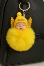 Cute Sleeping N Smiley Angel Baby Doll Keychains Fluffy Fur Pompom Keychain for Girls, Bag Handbags, Backpacks Pendants, Car Keyring Key Holder, Multi Colors