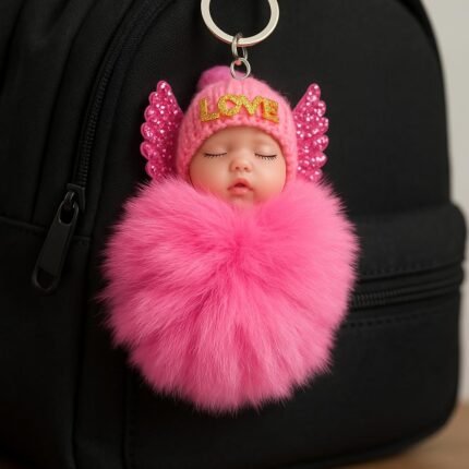 Cute Sleeping N Smiley Angel Baby Doll Keychains Fluffy Fur Pompom Keychain for Girls, Bag Handbags, Backpacks Pendants, Car Keyring Key Holder, Multi Colors