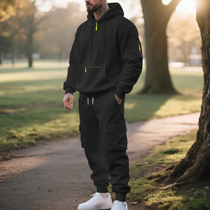 Men's Loose Sports And Leisure Suit Sweater Fleece-lined Hoodie Set Zipper Multi-Pocket Pullover Men's Sports Casual Top Two-piece Set - Image 3