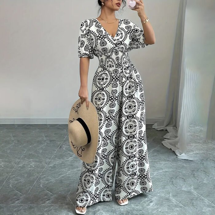 Womens Jumpsuits Short Sleeve V Neck Smocked Dressy Casual Wide Leg Pants Romper 2025 Summer One Piece Outfits - Image 1