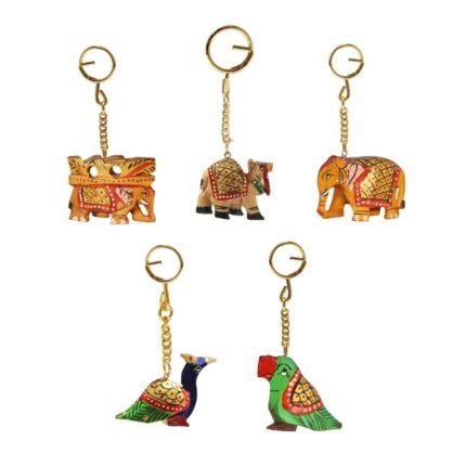 Handicrafts Paradise Unisex Carved Wooden Multicolour Key Ring - Set of 5