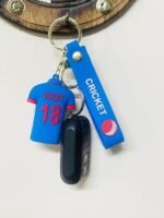Indian Cricket Jersey Keychain, Team 18 Design with Cricket Ball Charm, Blue and Red, 3 D Double Pendant