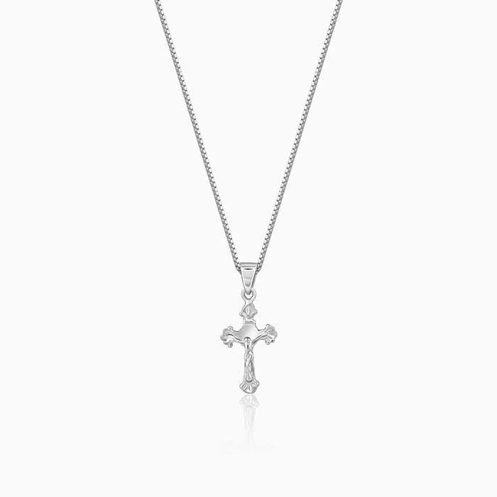 Silver Striped Cross Pendant with Box Chain For Him